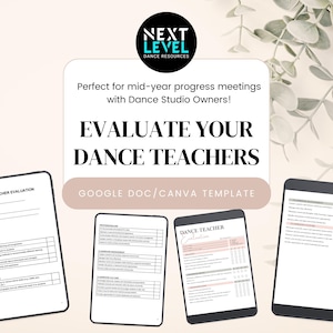 May include: A digital dance teacher evaluation template set for Google Docs and Canva. The document features sections for professional skills, classroom management, and dance culture, with checkboxes for performance ratings and evaluation criteria.