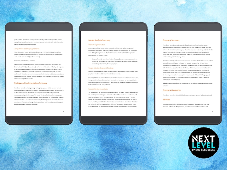 Dance Studio Business Plan Template Financial Projection (digital