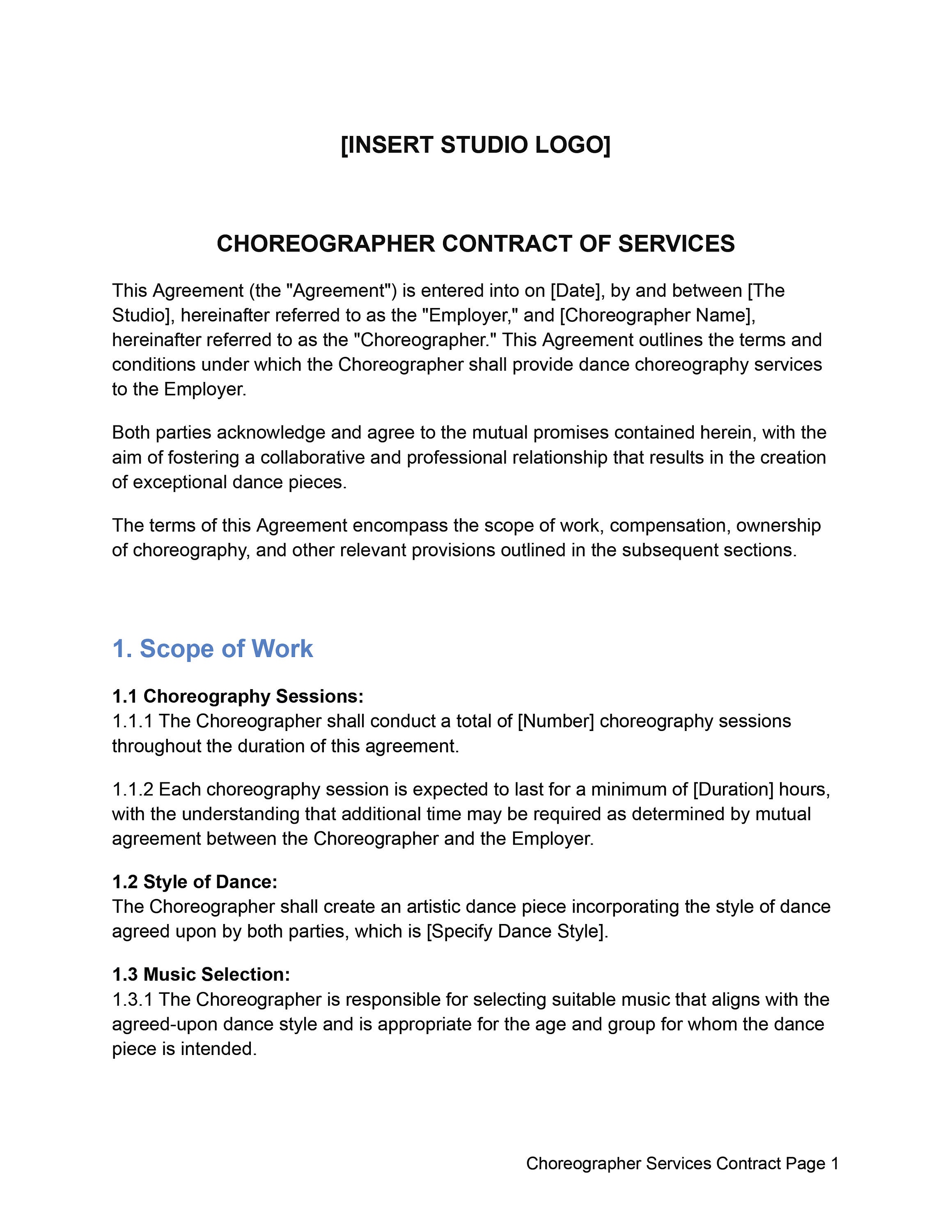 Comprehensive Dance Choreographer Contract Agreement Template Editable Comprehensive Dance Choreographer Contract Agreement Template Editable