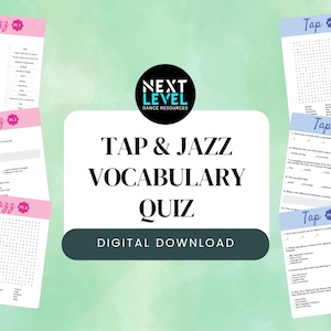 Może przedstawiać: Cyfrowy plik do pobrania z quizem z zakresu słownictwa tańca tap i jazz. Quiz jest podzielony na dwie sekcje: jedną dla tańca tap, a drugą dla jazzu. Każda sekcja zawiera krzyżówkę i pytania wielokrotnego wyboru. Quiz jest idealny dla tancerzy na każdym poziomie zaawansowania.