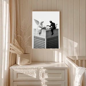 Black And White Angel And Devil Chess Poster Surreal Wall Art For Bedroom Office Decor