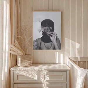 Gangster Girl Wall Art Blackwhite Poster Masked Woman Smoking Print