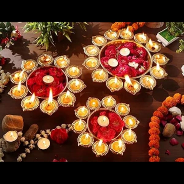 Urli Bowl Set for Diwali Decoration Items for Home Decor Festivals, Handmade Metal Decorative Urli Bowl Diya for Floating Flowers Tealight