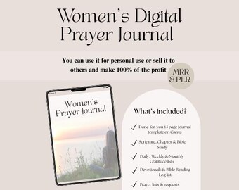 May include: A digital prayer journal displayed on a tablet. The journal includes a 63-page template, scripture study, gratitude lists, devotionals, and prayer lists. The text reads "Women's Digital Prayer Journal."