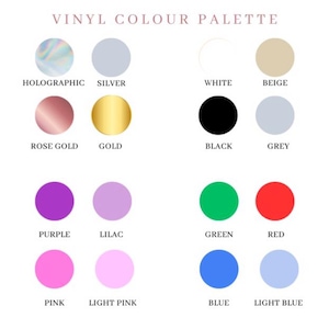 K&ouml;nnte beinhalten: Eine Vinyl-Farbpalette mit 12 verschiedenen Farben, darunter Holographie, Silber, Wei&szlig;, Beige, Ros&eacute;gold, Gold, Schwarz, Grau, Lila, Flieder, Gr&uuml;n, Rot, Pink, Hellrosa, Blau und Hellblau.