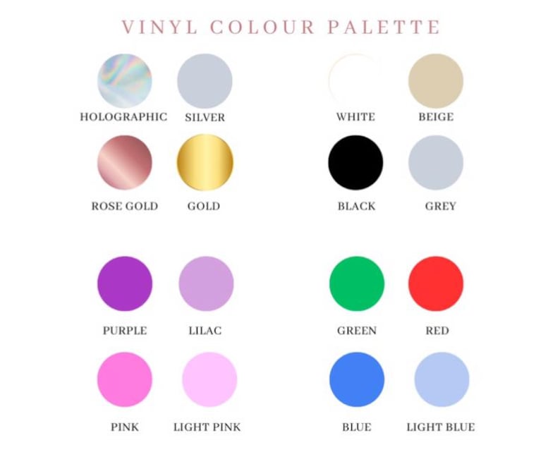 K&ouml;nnte beinhalten: Eine Vinyl-Farbpalette mit 12 verschiedenen Farben, darunter Holographie, Silber, Wei&szlig;, Beige, Ros&eacute;gold, Gold, Schwarz, Grau, Lila, Flieder, Gr&uuml;n, Rot, Pink, Hellrosa, Blau und Hellblau.