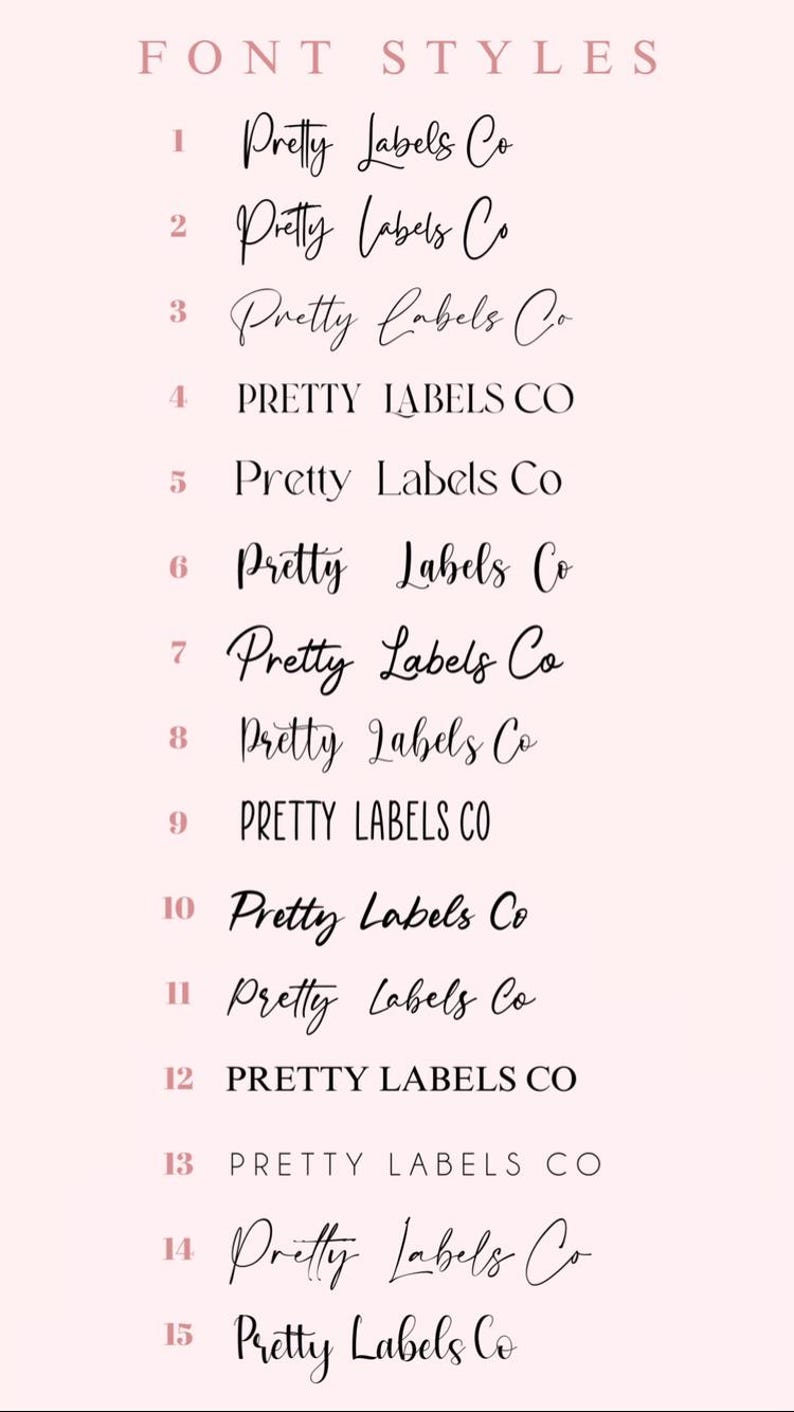 K&ouml;nnte beinhalten: Eine Liste von 15 verschiedenen Schriftstilen f&uuml;r den Text "Pretty Labels Co.". Die Schriftstile reichen von schlicht und elegant bis hin zu verspielter und fantasievoller.