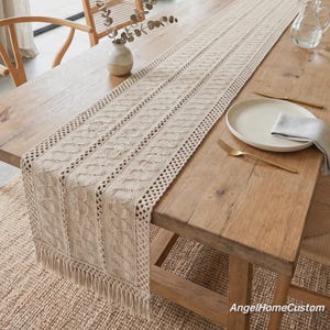 Boho Crochet Table Runner with Tassels, Farmhouse Macrame Dining Decor, Neutral Cream Woven Tablecloth, Rustic Wedding Coffee Table Cover