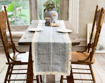 Farmhouse Table Runner,  Gray Table Runner with Tassels, Boho Wedding Decor, Farmhouse Wedding Decor, Gift for Her, Hand Crochet Runner