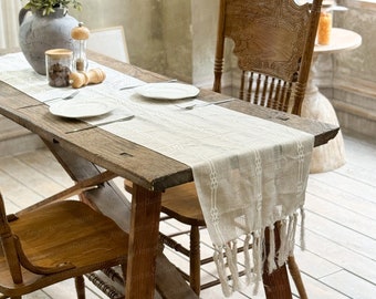 Farmhouse Table Runner,  Khaki Table Runner with Tassels, Boho Wedding Decor, Farmhouse Wedding Decor, Gift for Her, Hand Crochet Runner