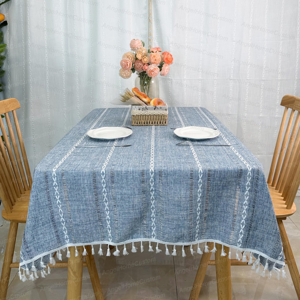Blue Boho Tablecloth, Crochet Tablecloths, Country Tablecloth, Rustic Table Linen, Indoor Outdoor Party Table Decor, Custom Sizes - Etsy