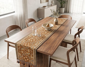 Runner da tavola botanico, misto cotone e lino con stampa floreale color senape, copritavolo in stile rustico con nappe