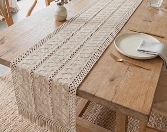 Boho Crochet Table Runner with Tassels, Farmhouse Macrame Dining Decor, Neutral Cream Woven Tablecloth, Rustic Wedding Coffee Table Cover