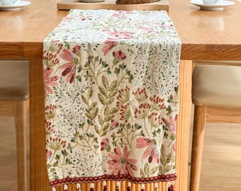 Runner da tavolo boho beige, copritavolo con fiori rosa e foglie verdi con nappe, decorazione per matrimonio in stile fattoria, regalo per lei