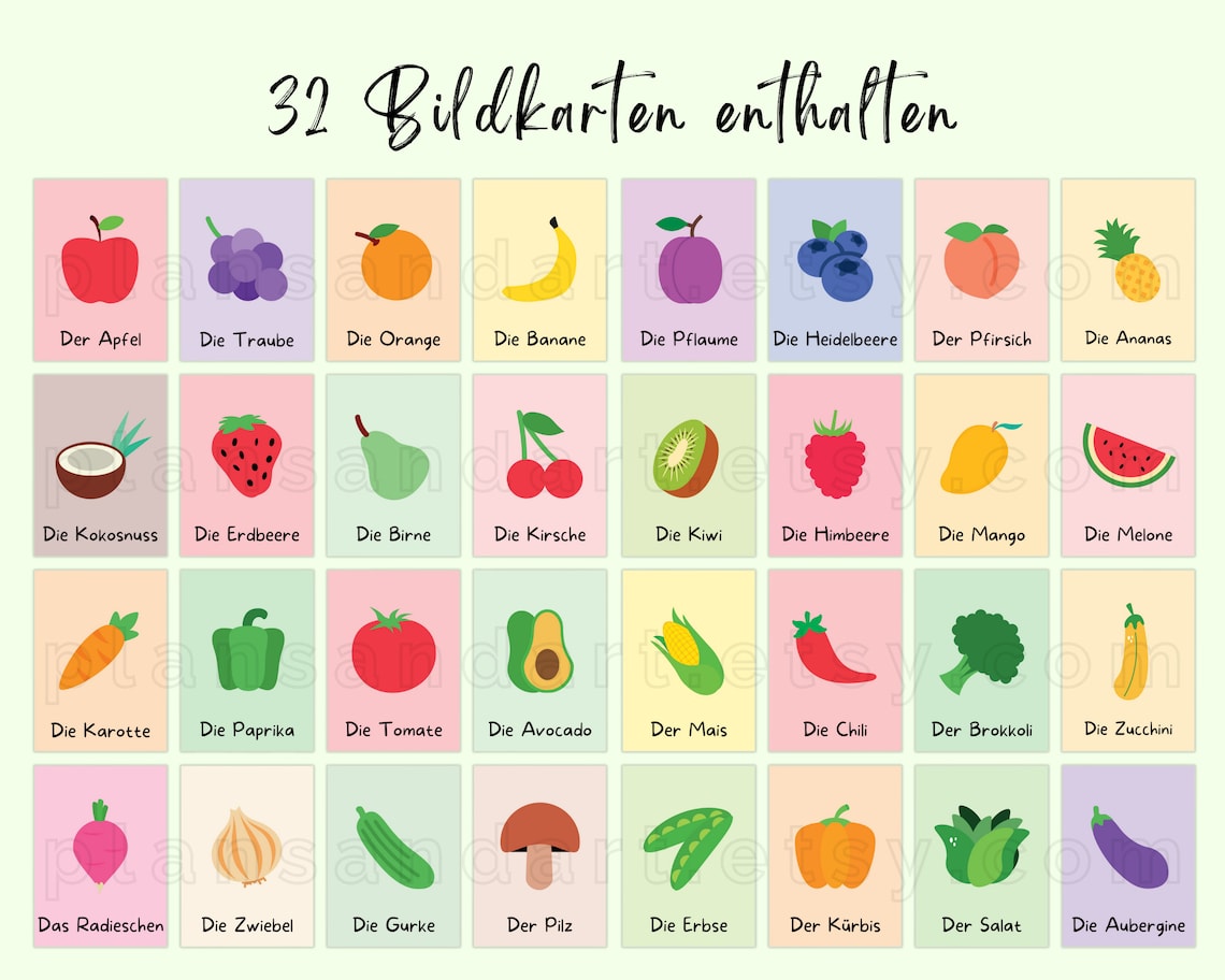 32 Lernkarten Obst Gemüse, Karten Kinder zum Ausdrucken, Vorschule