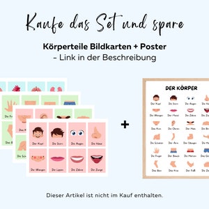 May include: A set of colourful flashcards and a poster featuring illustrations of the human body. The flashcards show different body parts, such as the head, arms, legs, and feet. The poster has the German word "Der K&ouml;rper" at the top and shows various body parts with German labels. The text "Kaufe das Set und spare" is at the top of the image.