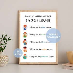 Achtsamkeitsübung Poster für Kinder zum Ausdrucken, Atemübung, 5 Sinne, Panikattacken, Ängste, Stressabbau, Selbstfürsorge, Psychologie, PDF