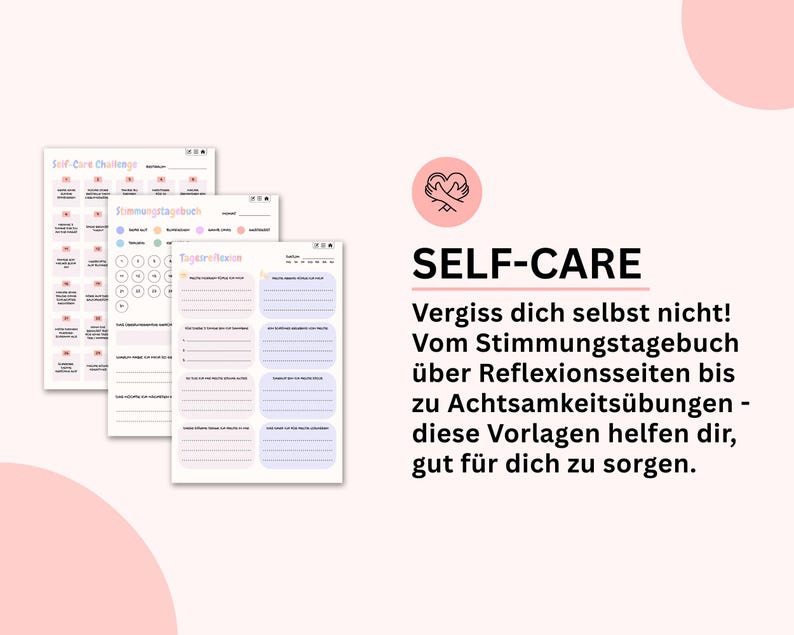 Puede incluir: Tres plantillas de diario de autocuidado con acentos de color pastel. Las plantillas incluyen secciones para el seguimiento del estado de &aacute;nimo, reflexiones diarias y ejercicios de atenci&oacute;n plena. El texto "SELF-CARE" se muestra en negrita negra, con texto en alem&aacute;n debajo.