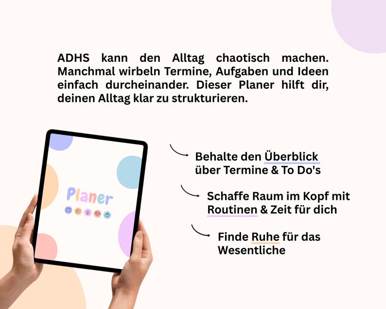 Puede incluir: Un planificador digital sostenido por manos, con un fondo blanco y lunares en colores pastel. Se muestra la palabra "Planer". Texto en alem&aacute;n explica c&oacute;mo el planificador ayuda a estructurar las rutinas diarias y a organizar tareas.
