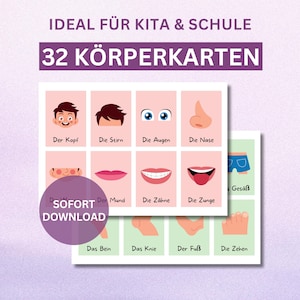32 tarjetas didácticas: Tarjetas con imágenes del cuerpo para niños, imprimibles para preescolar y primaria, partes del cuerpo, órganos, medicina, tarjetas de vocabulario, PDF en alemán