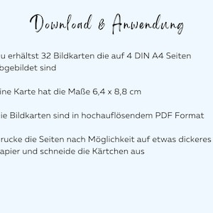 May include: Download and instructions for 32 printable picture cards. The cards are 6.4 cm by 8.8 cm and are printed on 4 standard A4 pages.