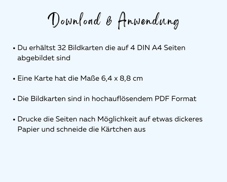 May include: Download and instructions for 32 printable picture cards. The cards are 6.4 cm by 8.8 cm and are printed on 4 standard A4 pages.