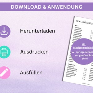 May include: A purple and white printable download guide with instructions to download, print, and fill out the document. The document is titled "Download & Anwendung" and includes a table of contents with the heading "Inhaltsverzeichnis".