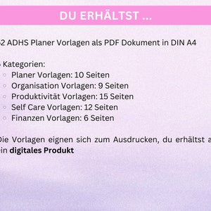 May include: A pink and white document with the text "DU ERH&Auml;LTST..." and a list of 52 ADHD planner templates in PDF format, including 5 categories: Planner, Organisation, Productivity, Self Care, and Finances. The document also states that the templates are printable and are a digital product.