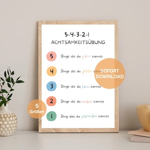 Mindfulness exercise 5 senses poster (German, printable) Breathing exercise 54321 Method Panic attack Stress reduction Anxiety Mental health poster
