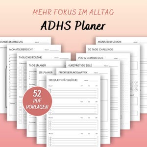 Plantillas PDF para imprimir en alemán para planificadores de TDAH en formato A4. Planificador digital para adultos con TDAH. Descarga gratuita. Gestión del tiempo. Rutina. Productividad.