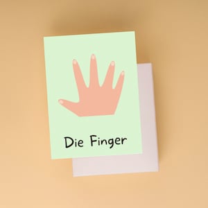 May include: A light green card with a pink handprint and the text "Die Finger" in black.