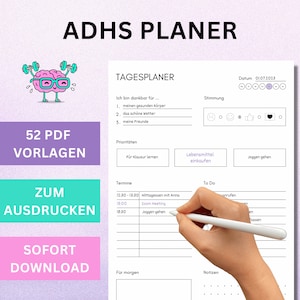 ADHS Planer Vorlagen auf deutsch, 52 PDF Dateien in A4 zum Ausdrucken, digitale Datei zum digitalen Download, minimalistisches Design,sofort Download