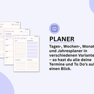 Puede incluir: Un planificador digital con vistas diarias, semanales, mensuales y anuales. Las p&aacute;ginas son blancas con acentos rosas y morados pastel. La palabra "PLANER" est&aacute; en negrita negra, con texto alem&aacute;n.