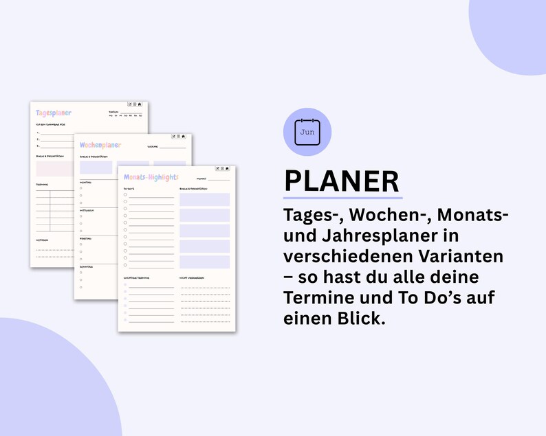 Puede incluir: Un planificador digital con vistas diarias, semanales, mensuales y anuales. Las p&aacute;ginas son blancas con acentos rosas y morados pastel. La palabra "PLANER" est&aacute; en negrita negra, con texto alem&aacute;n.