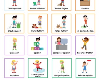 Puede incluir: Un conjunto de tarjetas ilustradas coloridas que muestran a niños realizando diversas actividades cotidianas, como cepillarse los dientes, barrer el suelo, alimentar a un perro, jugar a juegos de ordenador y mucho más. Las tarjetas están etiquetadas con palabras alemanas que describen las actividades. El texto en la parte inferior dice "ÜBER 100 ROUTINEKARTEN INKL. 6 PLÄNEN".