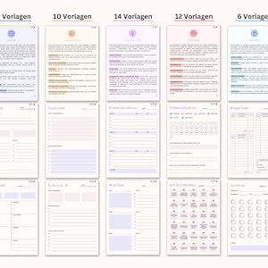 Puede incluir: Un conjunto de p&aacute;ginas de planificador imprimibles con varios dise&ntilde;os, incluyendo calendarios diarios, semanales y mensuales. Cada p&aacute;gina presenta un dise&ntilde;o diferente con acentos de colores pastel y el texto "10 Vorlagen", "14 Vorlagen", "12 Vorlagen" y "6 Vorlagen".