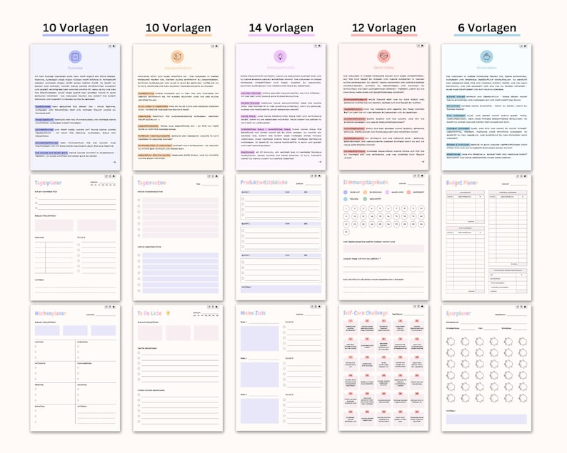 Puede incluir: Un conjunto de p&aacute;ginas de planificador imprimibles con varios dise&ntilde;os, incluyendo calendarios diarios, semanales y mensuales. Cada p&aacute;gina presenta un dise&ntilde;o diferente con acentos de colores pastel y el texto "10 Vorlagen", "14 Vorlagen", "12 Vorlagen" y "6 Vorlagen".