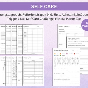 Self Care Vorlagen auf deutsch zum Ausdrucken, ADHS Planer, Stimmungstagebuch, Reflexionsfragen, Ziele, Achtsamkeitsübung, Trigger Liste, Self Care Challenge, Fitness Planer
