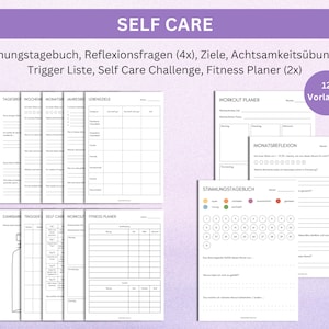 Self Care Vorlagen auf deutsch zum Ausdrucken, ADHS Planer, Stimmungstagebuch, Reflexionsfragen, Ziele, Achtsamkeitsübung, Trigger Liste, Self Care Challenge, Fitness Planer