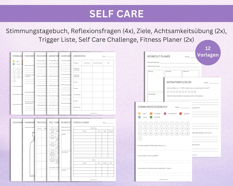 Self Care Vorlagen auf deutsch zum Ausdrucken, ADHS Planer, Stimmungstagebuch, Reflexionsfragen, Ziele, Achtsamkeitsübung, Trigger Liste, Self Care Challenge, Fitness Planer