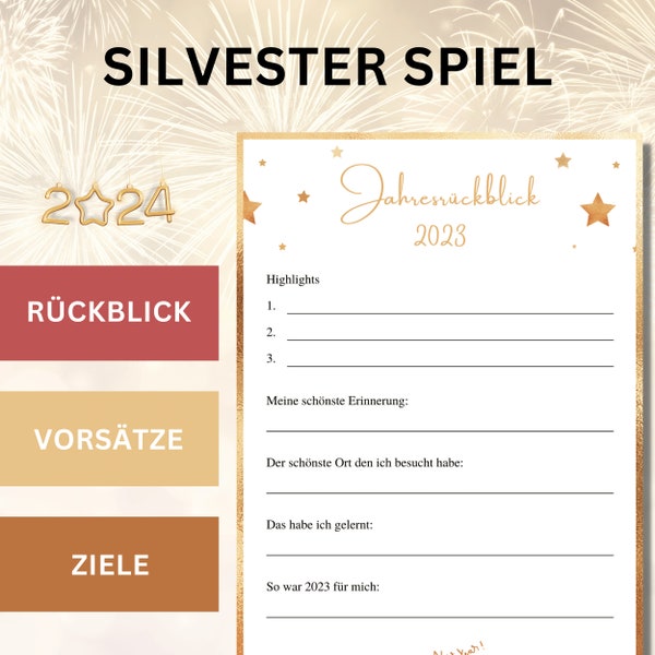 Silvester Spiel deutsch, Jahresrückblick, Neujahrsvorsätze, Ziele, Bucket List, Silvester Fragen, Jahresreflexion, PDF Vorlagen, Ausdrucken