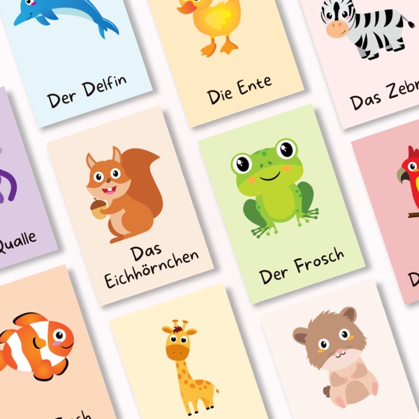 64 Tierkarten zum Ausdrucken, Lernkarten Tiere für Kinder, Waldtiere, Zootiere, Bildkarten Tiere, Montessori Karte, Geschenkidee für Kinder