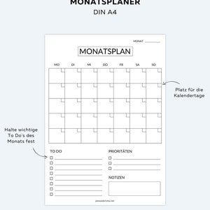 May include: A black and white printable monthly planner with a calendar grid, to-do list, priority list, and notes section. The text "MONATSPLANER" is at the top of the page, and the text "MONATSPLAN" is in a box at the top of the calendar grid.