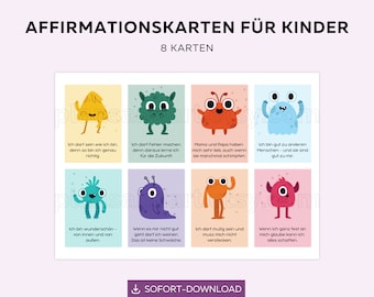 Belief cards for children with monster motifs, positive affirmations for children, boost self-confidence, affirmation cards download
