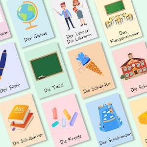 Cartes scolaires pour enfants. Téléchargement numérique de cartes flash avec images, première année apprendre l'allemand, cadeau préscolaire pour la rentrée scolaire.