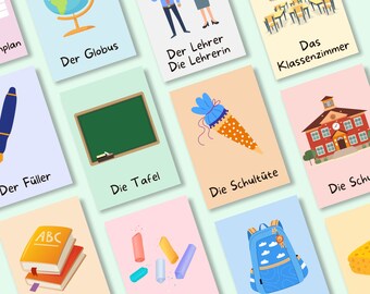 May include: A set of colorful flashcards with illustrations and German words related to school. The flashcards feature a globe, a teacher, a classroom, a pen, a chalkboard, a school bell, a school building, a stack of books, chalk, a backpack, and a cheese.
