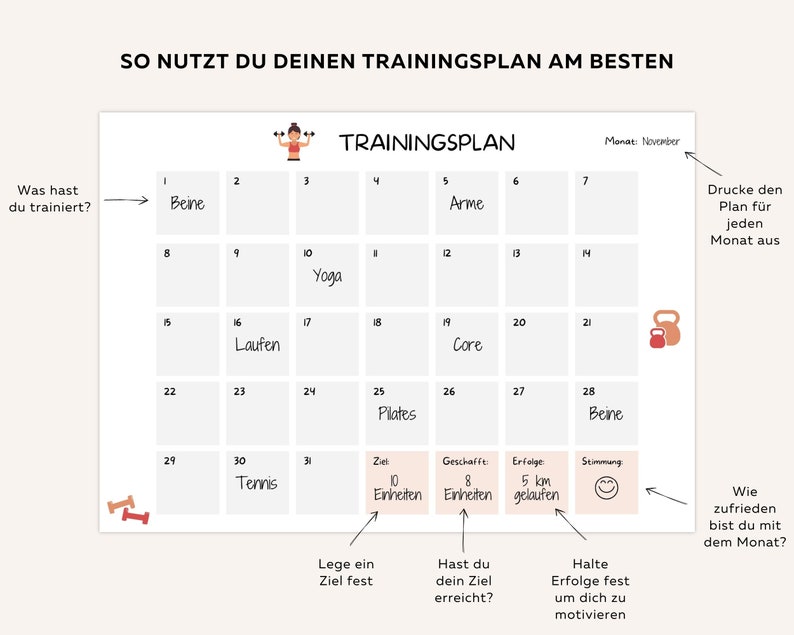 Trainingsplan zum Ausdrucken, Fitness Tracker deutsch, Monatlicher