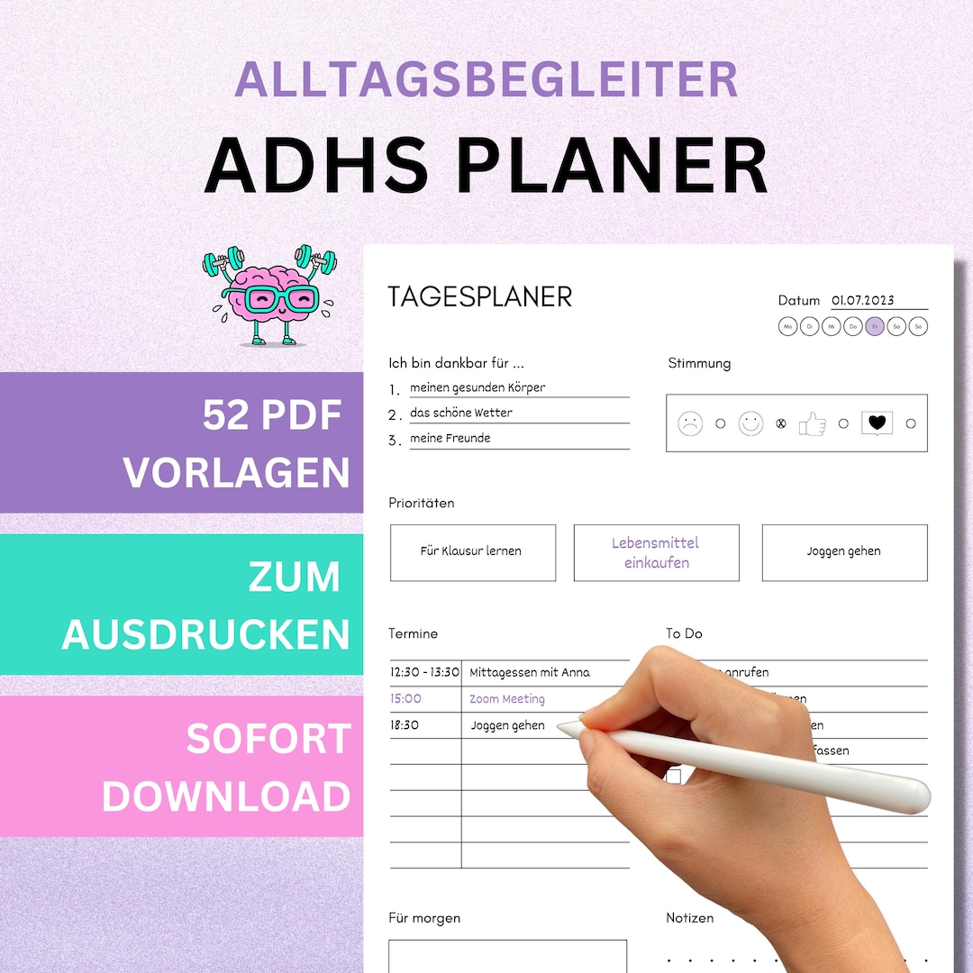 ADHS Planer für Erwachsene, ADHS Planer zum Ausdrucken, ADHS Planer ...
