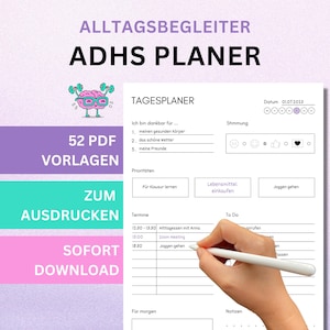 Planificateur TDAH pour adultes, Planificateur TDAH à imprimer, Modèles de planificateur TDAH, Planificateur TDAH en allemand, PDF TDAH, Plan quotidien TDAH, Neurodivergent