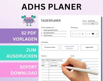 ADHD planner for adults, ADHD planner to print, ADHD planner templates, ADHD planner German, ADHD PDF, ADHD daily plan, neurodivergent